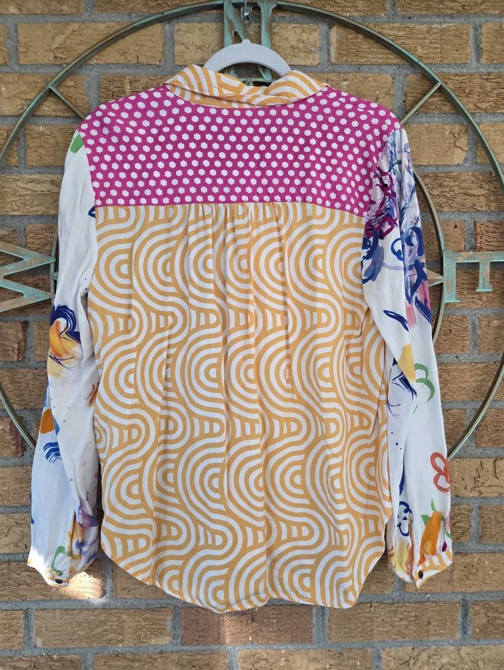 Maeve Multicolor Patchwork Button-Down Shirt — Pink, Yellow, Blue - Picture 4 of 7